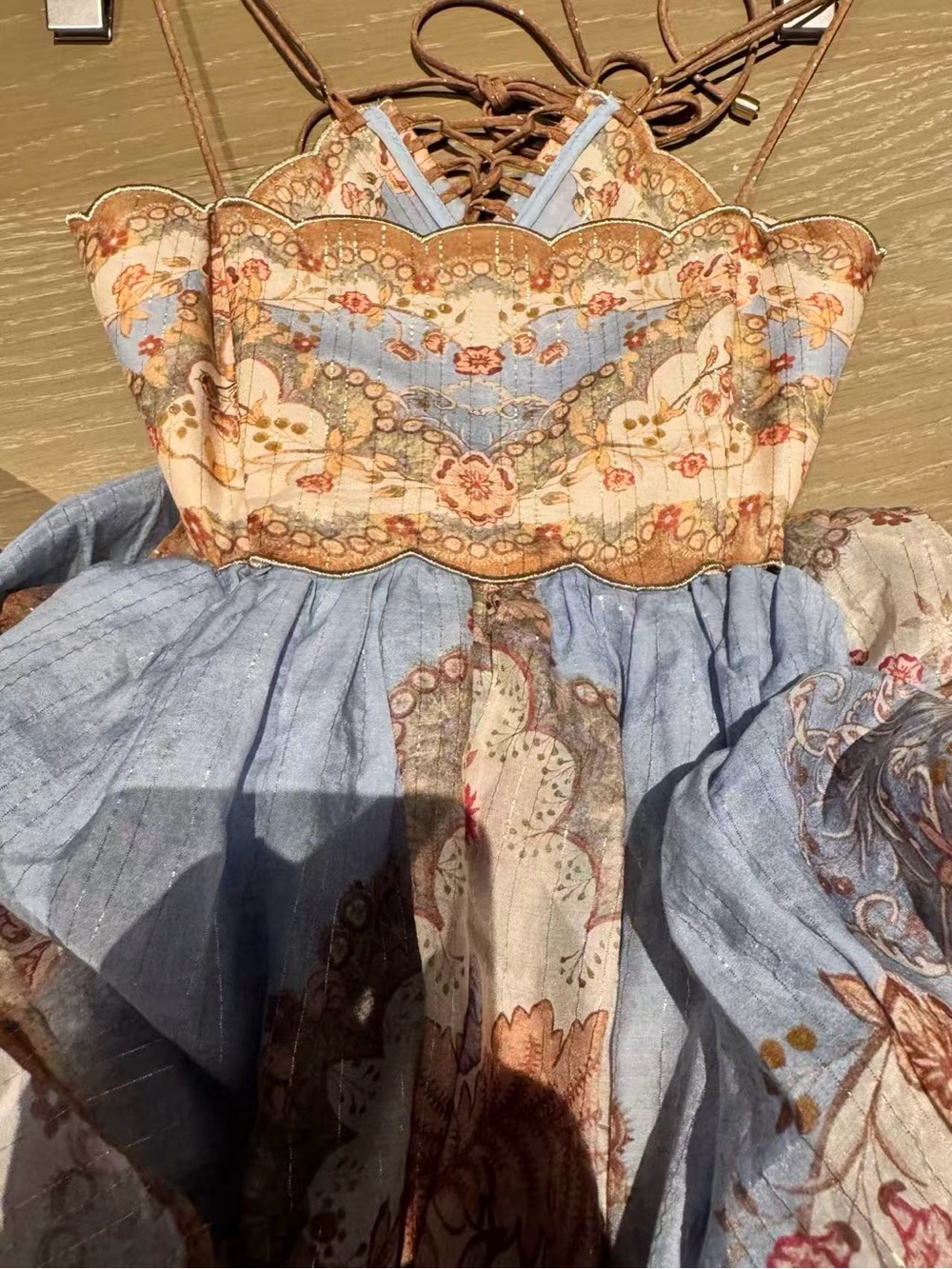 Zimmermann Blue and Cream Tiered Spaghetti-Strap Maxi Dress - Picture 5 of 11